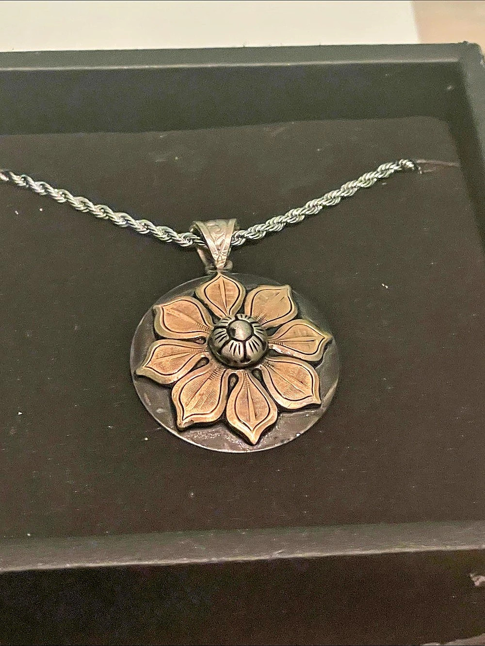 Floral Pendant Necklace in Brass & German Silver